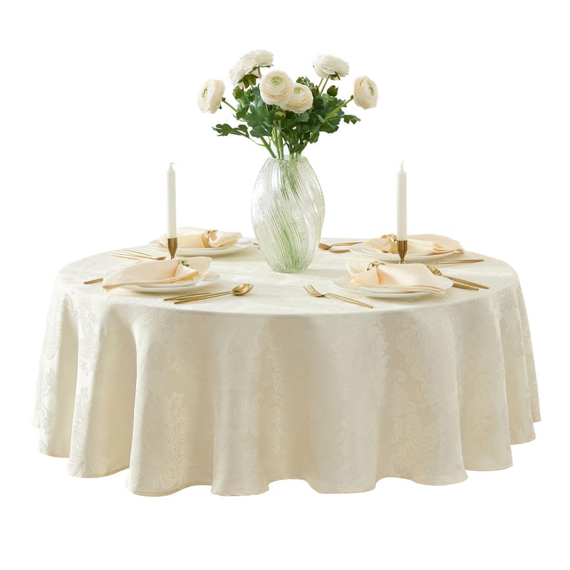 Newbridge Barcelona Luxury Damask Fabric Tablecloth, 70â€ Round, Antique White, 100% Polyester, No Iron, Soil Resistant Dining Room, Party and Banquet Table Cover - Image 1